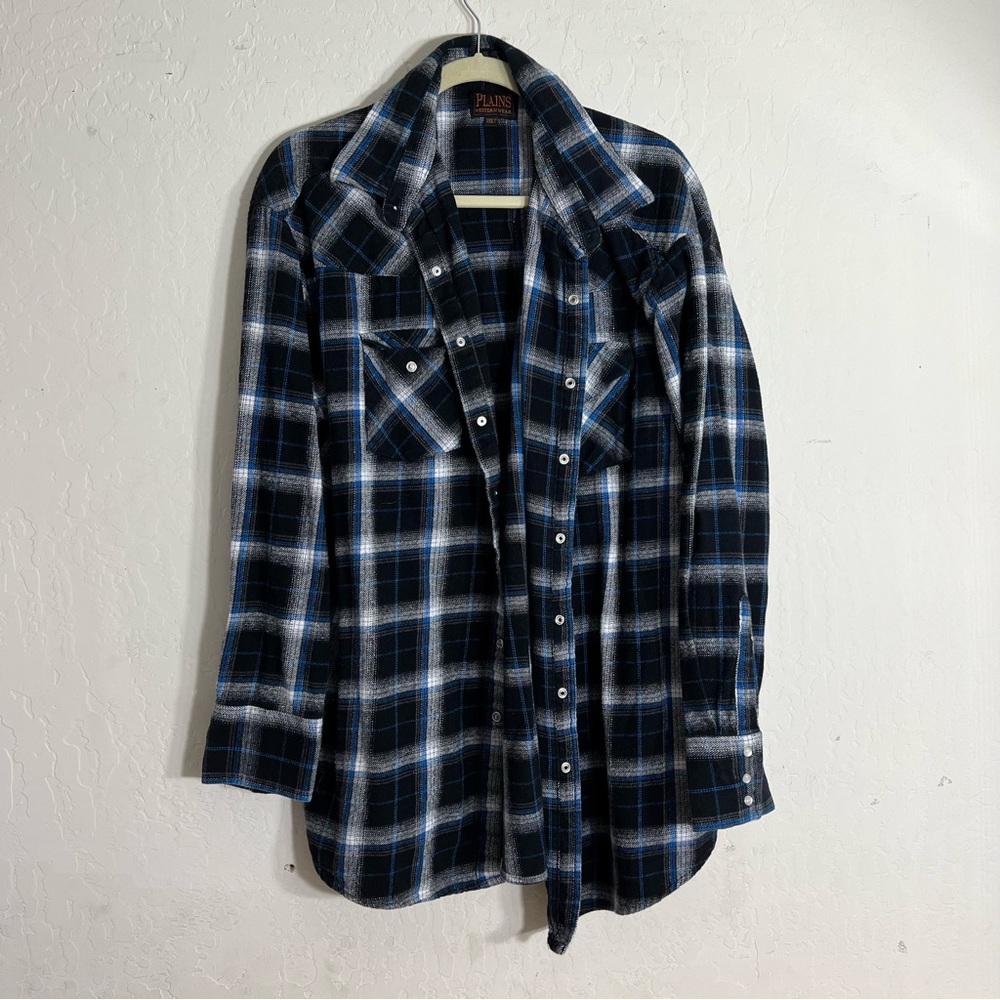 Plains Western Wear Blue Buffalo Plaid Long Sleeve Shirt Tall Man Size 2XLT